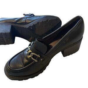 White Mountain Y2K Chunky Heel Slip On Preppy Faux Leather Black Loafers Size 10